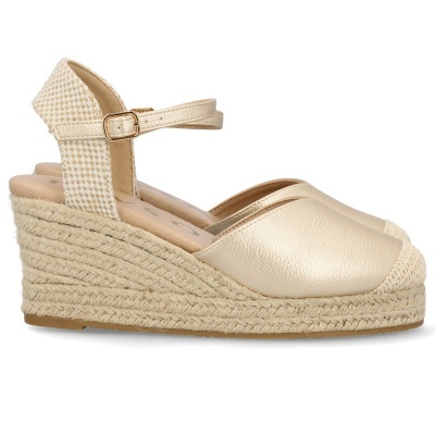 Sandálias de cunha femininas douradas com corda trançada