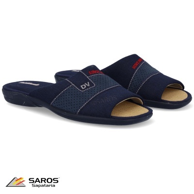 Chinelos masculinos azul escuro com abertura frontal e etiqueta 'DV'