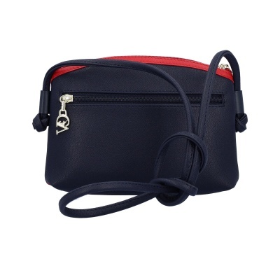 Bolsa pequena azul escura com detalhes vermelhos e alça fina