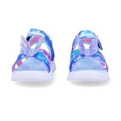 Sandálias Skechers azuis com asas lilás e sola branca vistas de frente