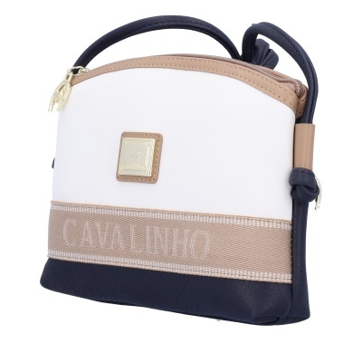 Mala de ombro branca, bege e azul escuro com fecho dourado e alça ajustável