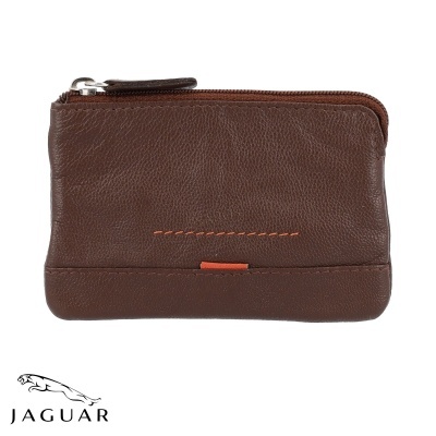 Carteira ou porta-moedas em pele castanha com fecho e costura laranja