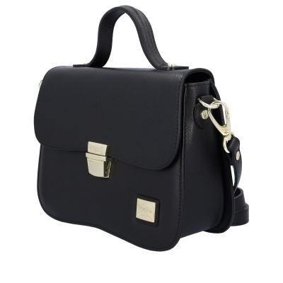 Mala de senhora preta em pele com fecho metálico dourado