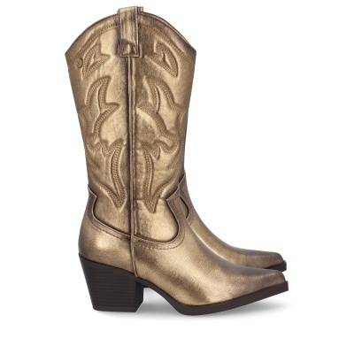 Bota cowboy dourada metálica de couro com padrão bordado e salto grosso