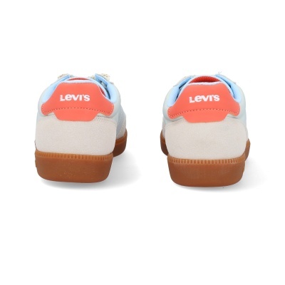 Ténis Levi's bege com detalhes azul claro e sola castanha vistos de trás