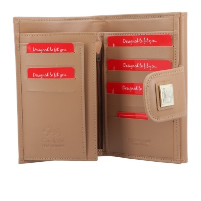 Carteira feminina bege aberta com cartões vermelhos e fecho de botão