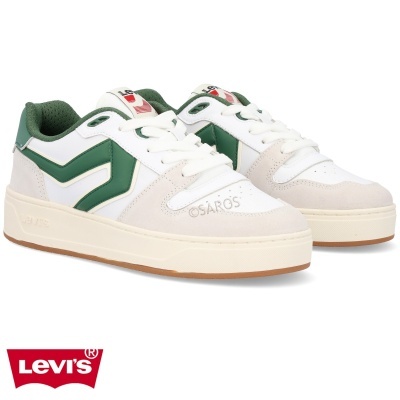 Sapatilhas Levi's brancas, verdes e bege com sola branca e detalhes em camurça