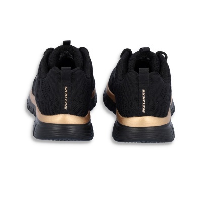 Sapatilhas pretas e douradas Skechers vista traseira