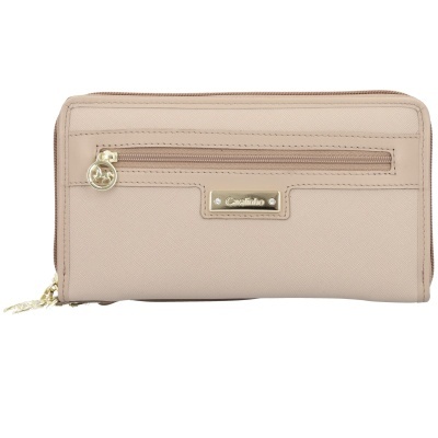 Carteira de senhora bege com fechos e placa metálica Castilho