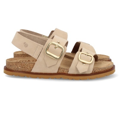 Sandálias de mulher em couro bege claro com fivelas douradas e sola de cortiça.