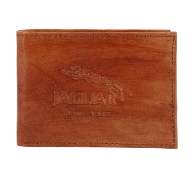 Carteira de couro castanho com logotipo gravado de jaguar e texto