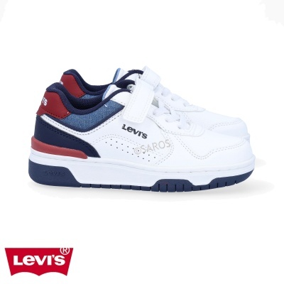 Sapatilhas infantis Levi's brancas com detalhes azuis e vermelhos