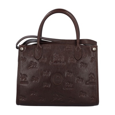 Mala de mão em couro castanho escuro com texturas gravadas e alças duplas