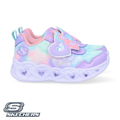 Ténis infantis Skechers em tons pastel com velcro e sola branca com corações