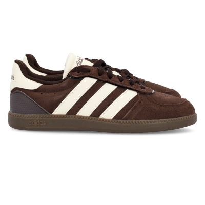 Ténis Adidas castanhos com riscas brancas e sola castanha