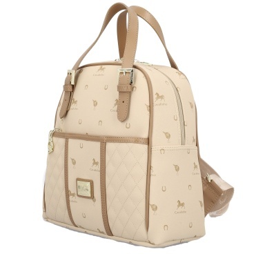 Mochila bege com padrão e pegas castanhas