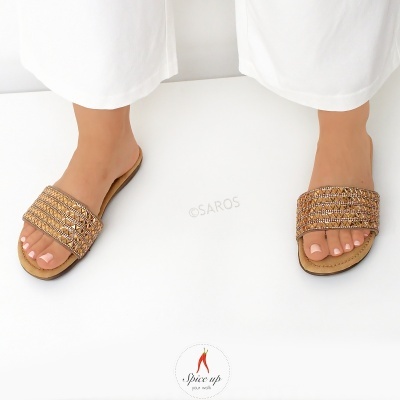 Chinelos femininos castanhos com tiras bordadas e cristais