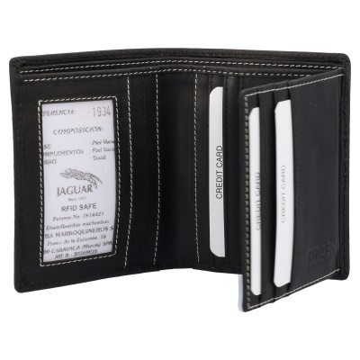 Carteira preta de pele com costura branca e várias bolsas para cartões