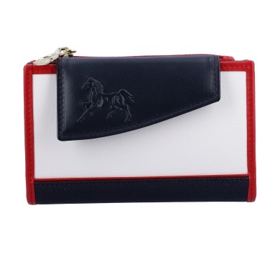 Carteira azul escuro, branco e vermelho com relevo de cavalo