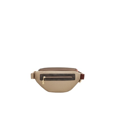 Bolsa de cintura bege e castanha com zíper dourado