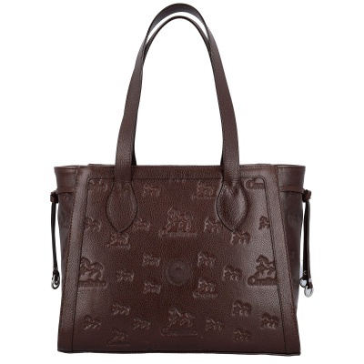 Mala de mão em couro castanho com padrões em relevo e duas pegas