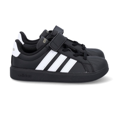 Sapatos desportivos Adidas pretos com riscas brancas e pala de velcro
