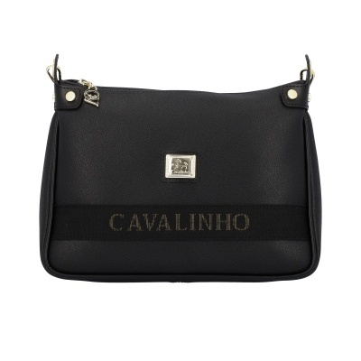 Mala preta Cavalinho com logo metálico e faixa com texto
