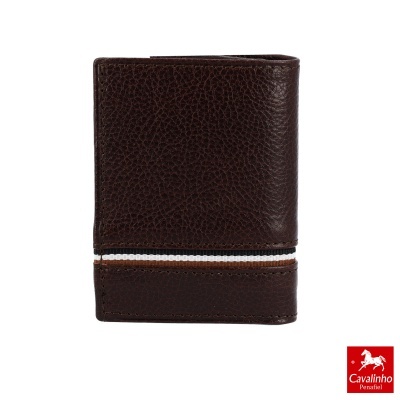 Carteira masculina de pele castanha escura com detalhe branco e logo Cavalinho