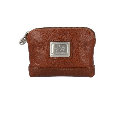 Carteira de pele castanha com placa metálica e cavalo em relevo