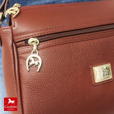 Mala castanha em couro texturado com fecho e pendente dourado