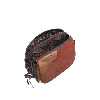 Mala castanha com três compartimentos e padrão decorativo em relevo