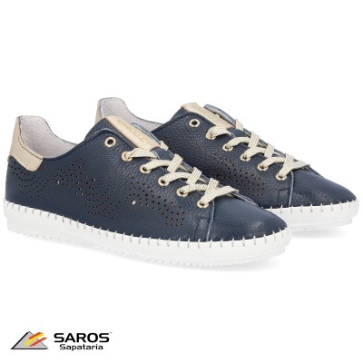 Sapatilhas azuis com atacadores bege e sola branca, com detalhes creme e perfurações laterais