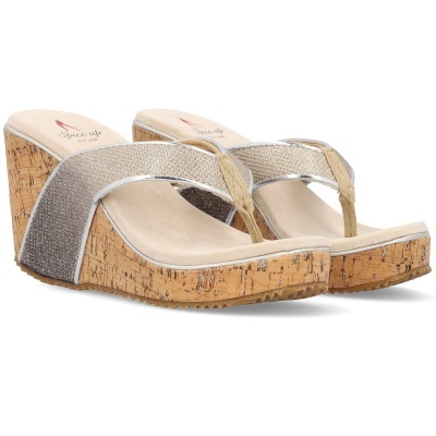 Sandálias de cunha em cortiça com tiras prateadas e bege