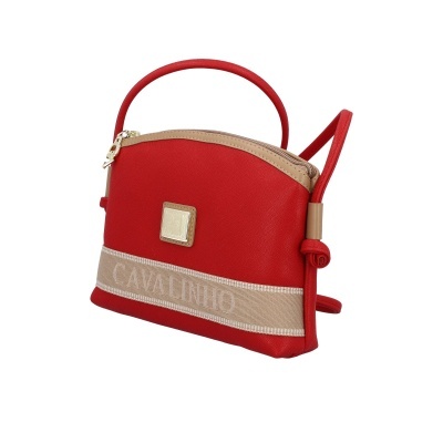 Mala de mão vermelha com detalhes beges e alça curta