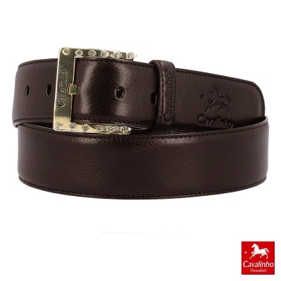 Cinto de couro castanho escuro com fivela dourada decorada e logotipo Cavalinho