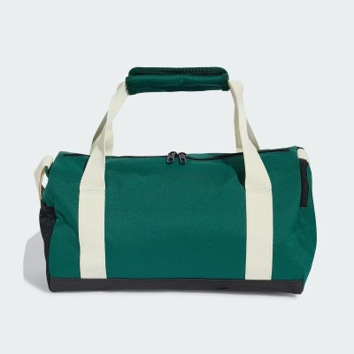 Mala desportiva verde com alças brancas e fecho preto num fundo branco