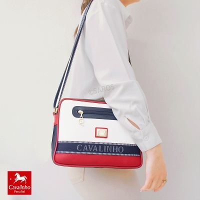 Mala de ombro Cavalinho branca, vermelha e azul-marinho com logótipo dourado