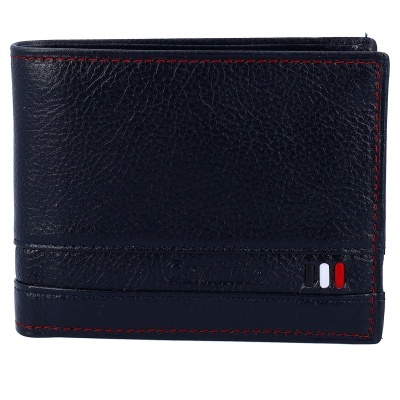 Carteira preta de couro com costuras vermelhas e detalhe de faixas coloridas