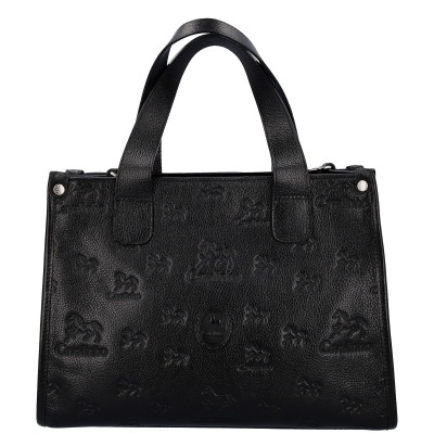 Mala de mão preta em couro com padrão em relevo e logotipo Cavalinho