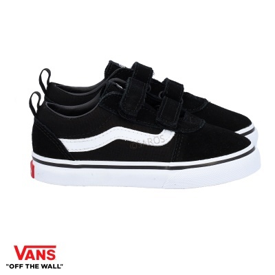 Sapatilhas Vans pretas infantis com risca branca e velcro