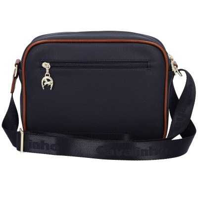 Mala de ombro azul escura com fecho metálico dourado e alça azul com padrão