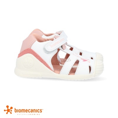 Sandália infantil branca e rosa Biomecanics com fecho de velcro
