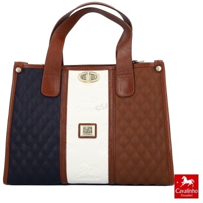 Mala senhora tricolor azul, branco e castanho com alças em pele castanha e fecho dourado