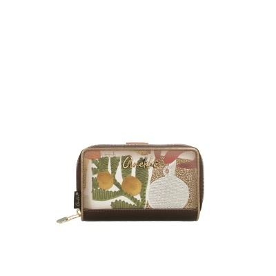 Carteira Anekke com estampado floral, fecho dourado e detalhes em tecido branco.