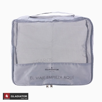Mala de viagem cinza clara com parte frontal em rede e fecho de correr duplo