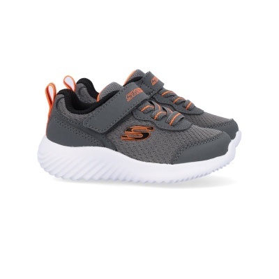 Sapatilhas Skechers cinza escuro com detalhes laranja e sola branca para criança