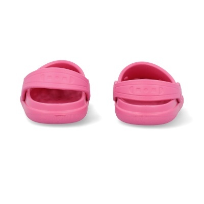 Chinelos rosa de plástico com tiras ajustáveis e palmilha acolchoada.