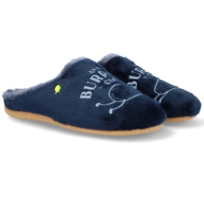 Chinelos tipo mule azuis felpudos com texto branco e interior cinza