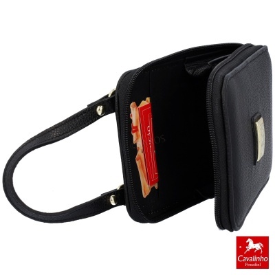 Mala preta de mão em pele com fecho de correr aberta