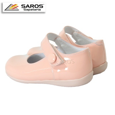 Sapatos infantis rosa verniz com fecho de velcro e sola branca